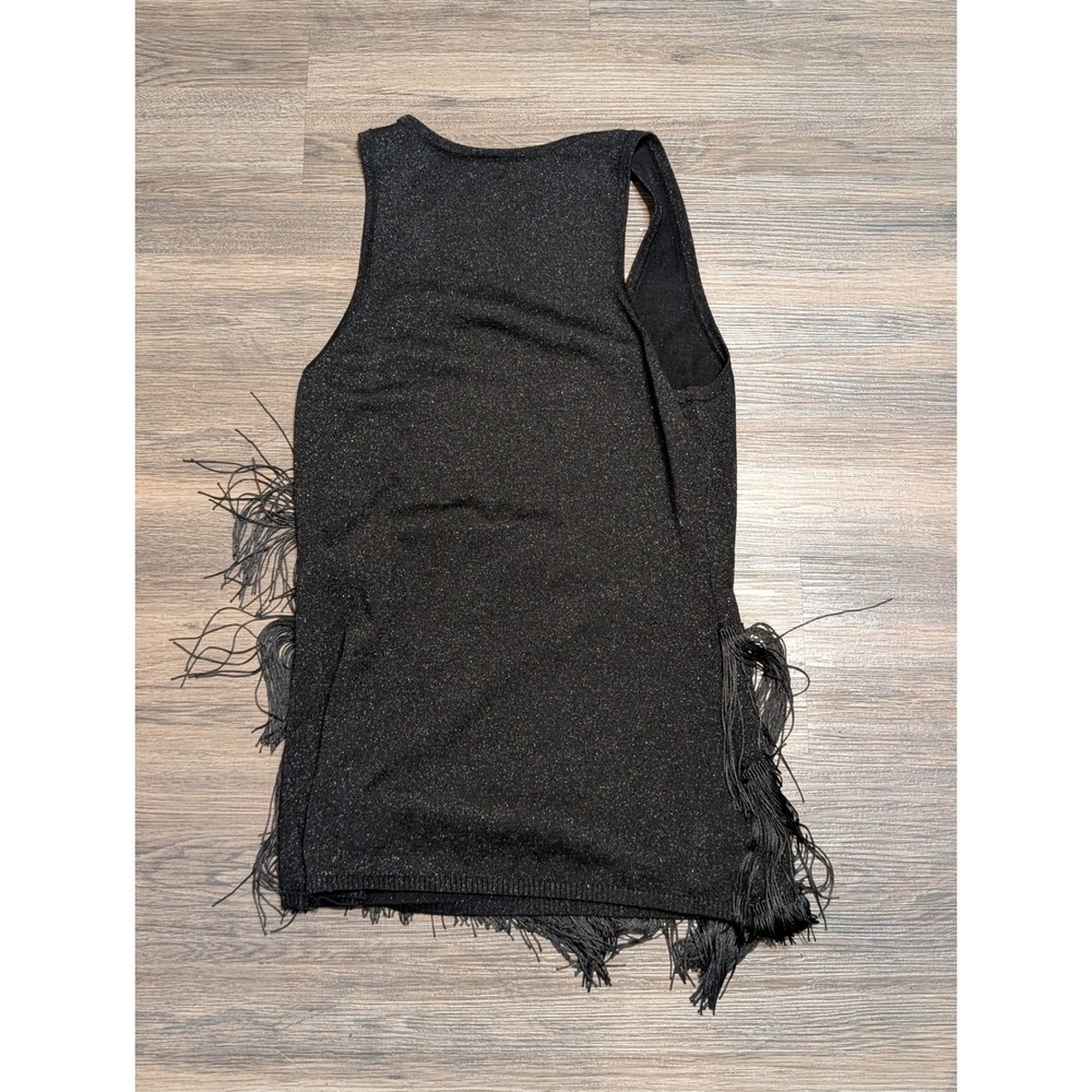 Cache Black Metallic Shimmer Fringe V-Neck Sleeveless Party Top Large RN 74578 - Picture 2 of 5